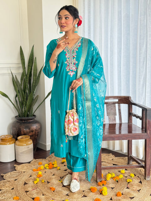 Rama Green Roman Silk Traditional Kurta Dupatta Sets
