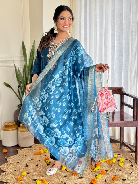 Blue color Roman Silk  Kurta sets