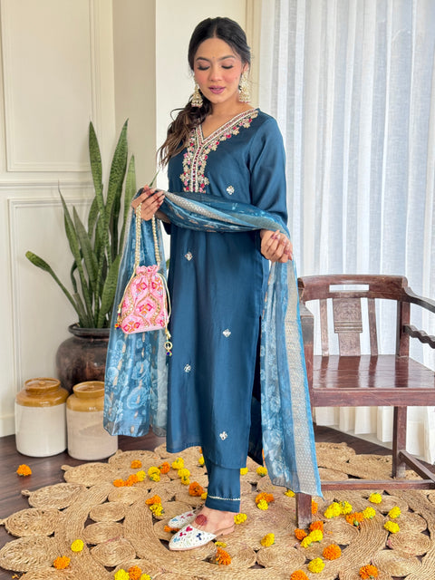 Blue color Roman Silk  Kurta sets