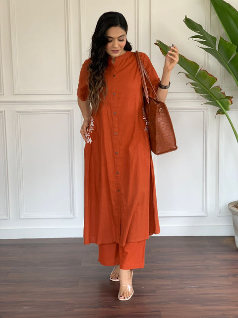 South Cotton Orange Color Solid Co-Ord Sets