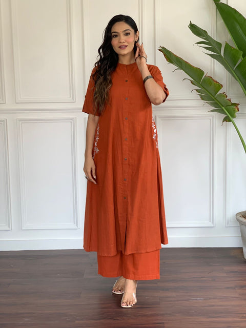 South Cotton Orange Color Solid Co-Ord Sets