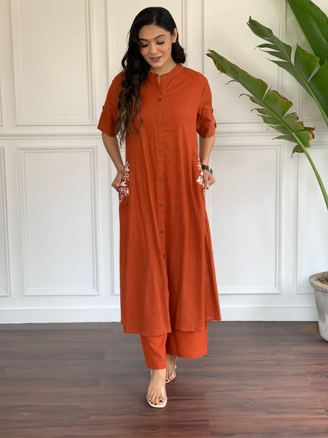 South Cotton Orange Color Solid Co-Ord Sets