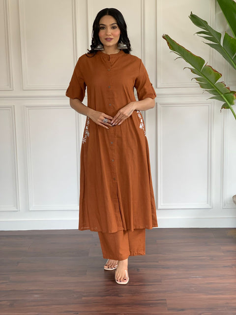 South Cotton Steel Brown Color Solid Co-Ord Sets